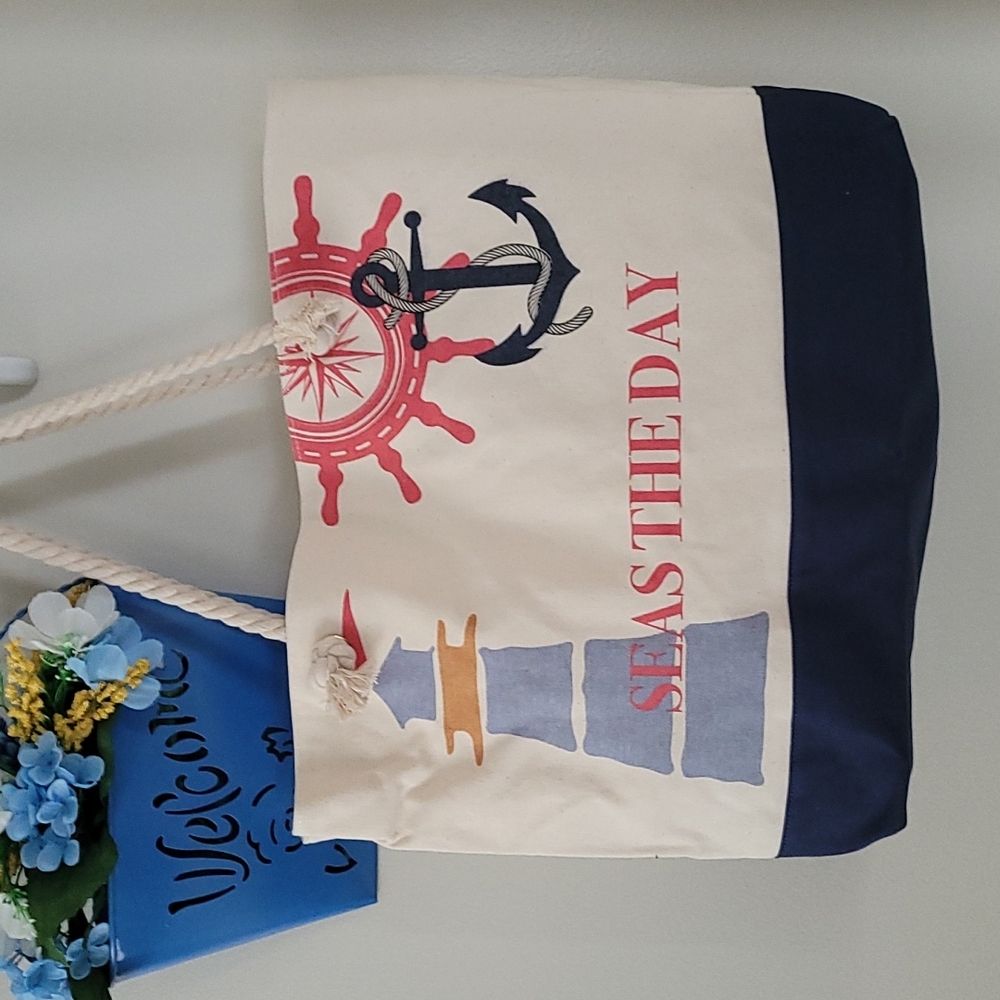 Signature Large "Seas the Day" Beach Swim Boat Canvas Rope Tote Bag